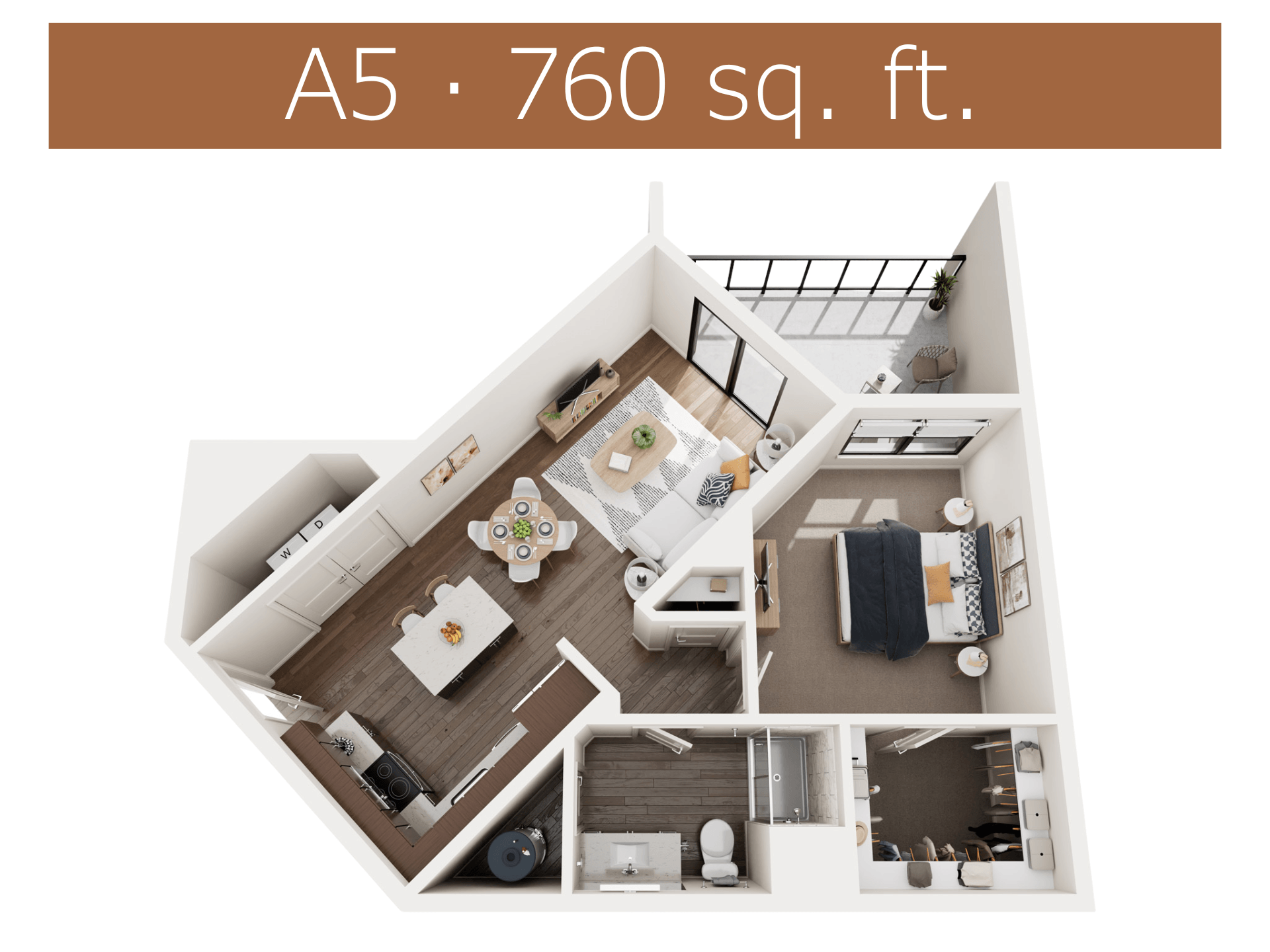 Floor plan for 1 bed, 1 bath, 760 sqft